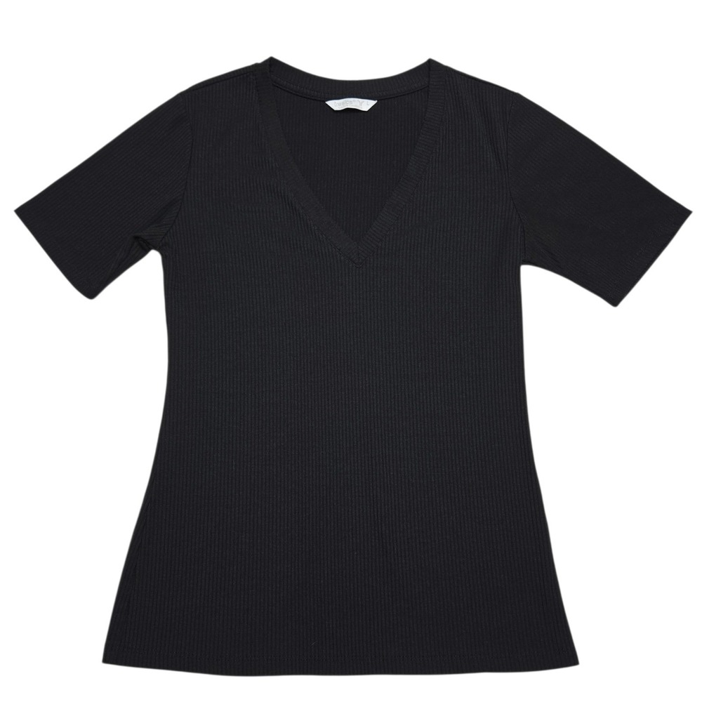 Tresics Shirt Womens Large Black Ribbed V Neck‎ Short Sleeve Basic Stretch Top